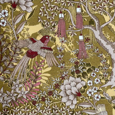 Golden Aviary Woven Upholstery Fabric – Botanical Birds in Gold and Burgundy – Home Decor Use